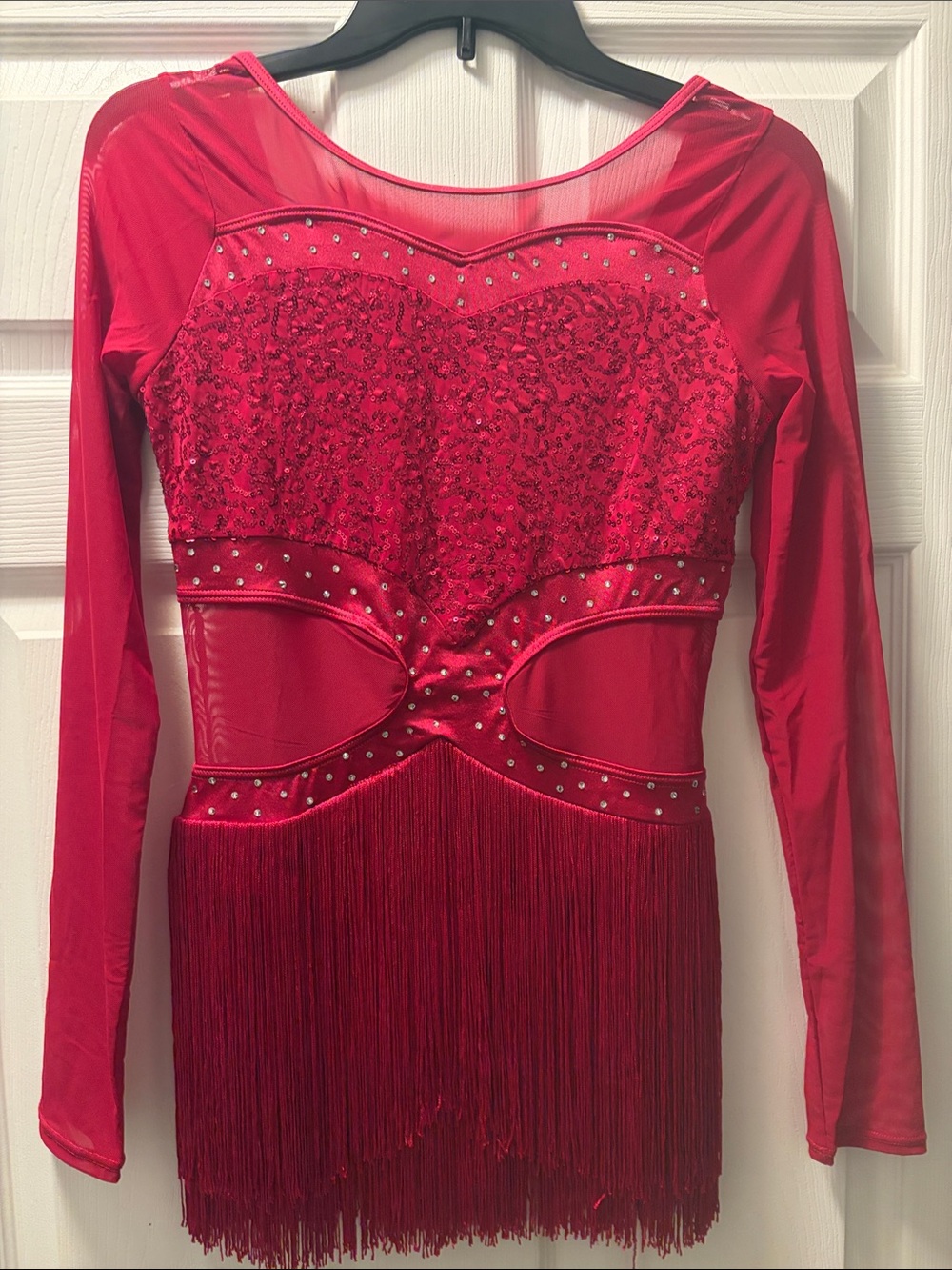 Weissman Red Beaded Fringe Long Sleeve Performance Dress